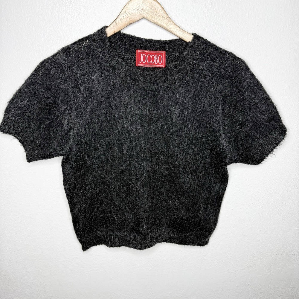 Vintage Jocobo Acrylic Mohair Gray Short Sleeve Shirt Top Women's Medium Sweater